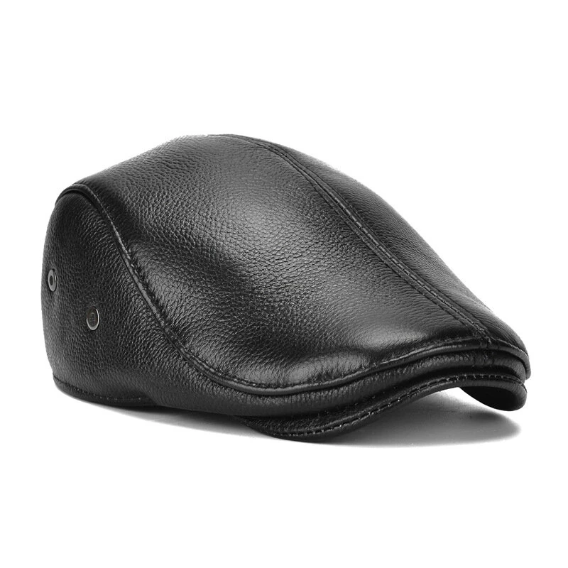 Collrown Men's Outdoor Genuine Leather Berets Forward Cap for Autumn Winter Casual Flat Peaked Hat