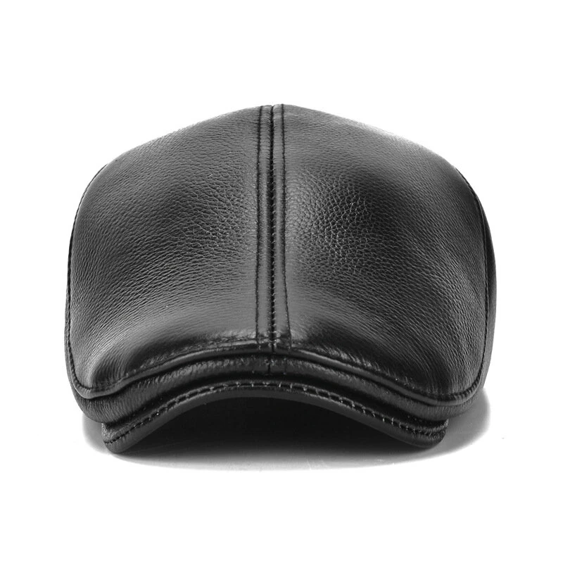 Collrown Men's Outdoor Genuine Leather Berets Forward Cap for Autumn Winter Casual Flat Peaked Hat