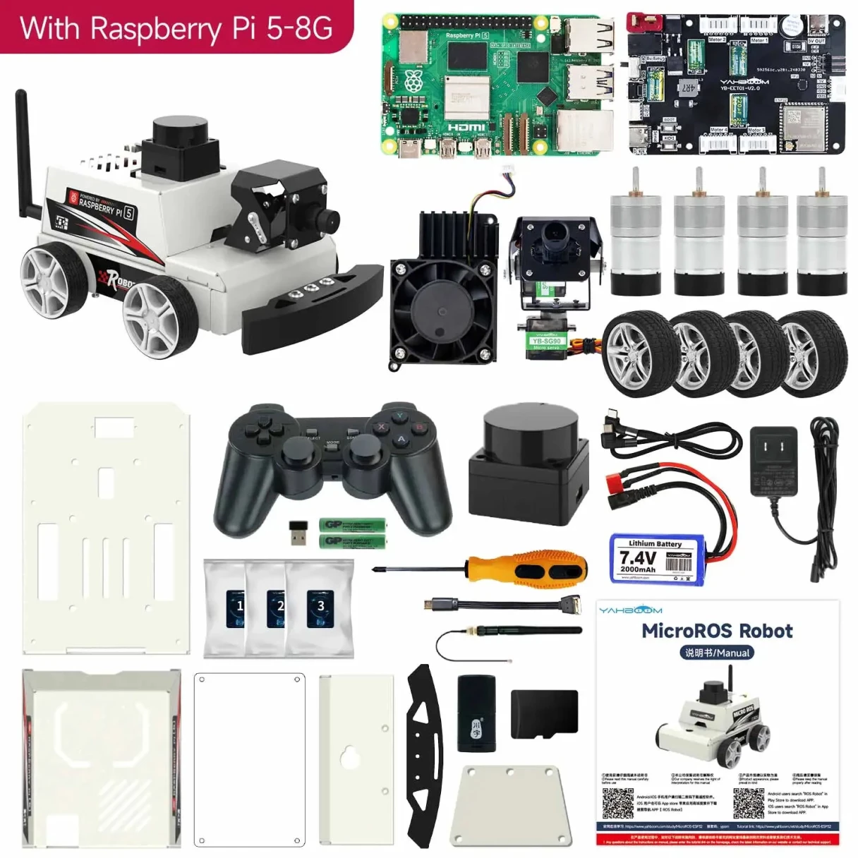 Yahboom Raspberry Pi 5 ROS2 Robot Car Kit with TOF Lidar Support AI Visual Recognition SLAM Mapping Navigation Electronic Education Set