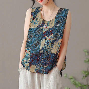 ZANZEA Womens Vintage Sleeveless Tops Bohemian Printed Round Neck Camisoles S-5XL