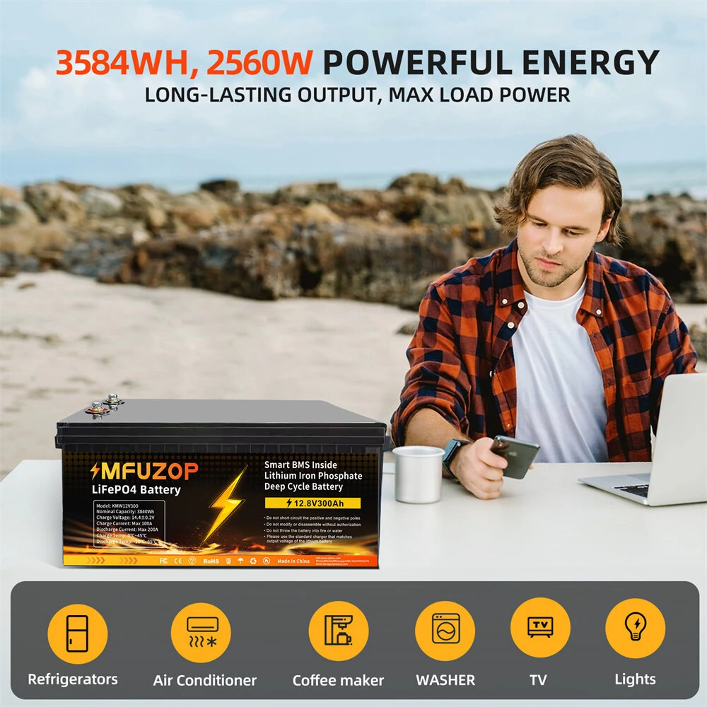 [EU Direct] MFUZOP 12V 300Ah Portable Rechargeable LiFePO4 Battery 3840Wh Built in Smart BMS Deep Cycle 5000+ for RV Solar  System