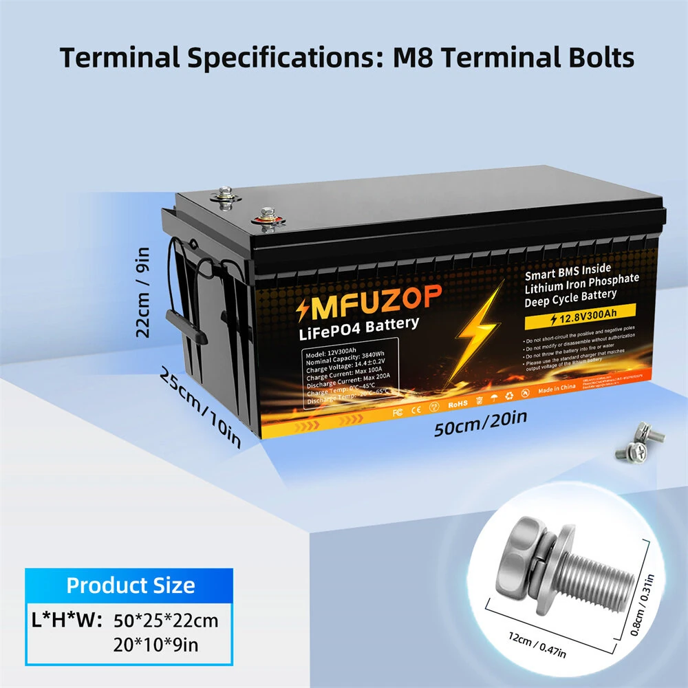 [EU Direct] MFUZOP 12V 300Ah Portable Rechargeable LiFePO4 Battery 3840Wh Built in Smart BMS Deep Cycle 5000+ for RV Solar  System