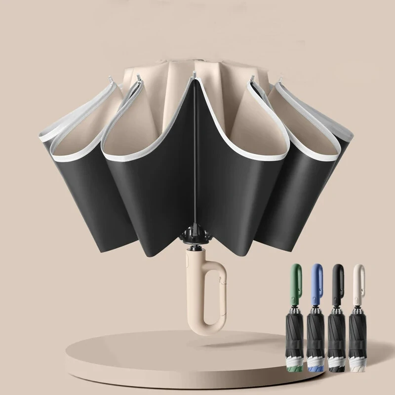 10 Ribs Fully Automatic Handle Umbrella 106cm Detachable Handle Reverse Opening UV Umbrella with Windproof Reflective Stripe Reverse Fold Umbrella Carabiner Travel
