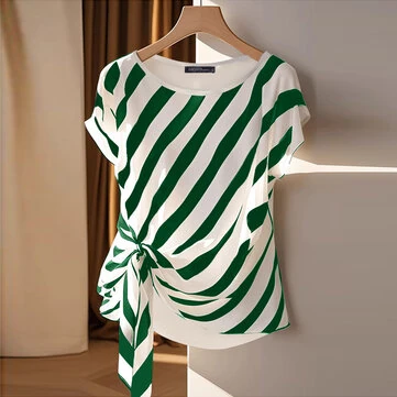 ZANZEA Women Striped Printed T-shirt Fashion Short Sleeve Tee Holiday Summer Holiday Belted Design Casual Simple Tops