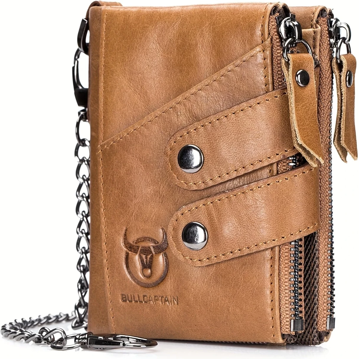 BULLCAPTAIN Genuine Leather Mens Wallet RFID Blocking Short Wallet with Chain Multifunction Card Holder Double Zipper Coin Purse Money Clip Compact Storage Bag Stylish