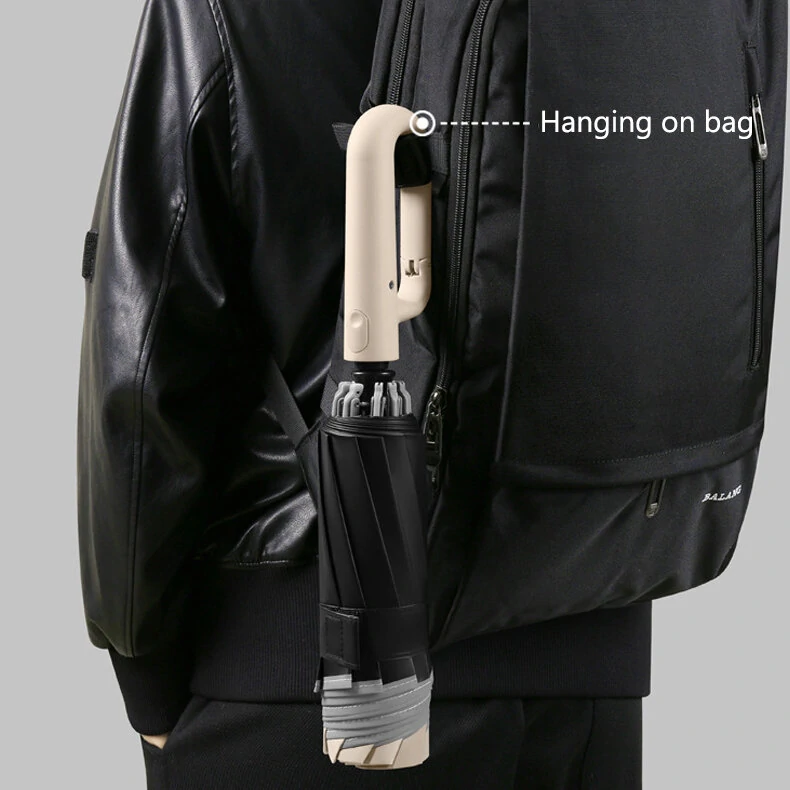 10 Ribs Fully Automatic Handle Umbrella 106cm Detachable Handle Reverse Opening UV Umbrella with Windproof Reflective Stripe Reverse Fold Umbrella Carabiner Travel