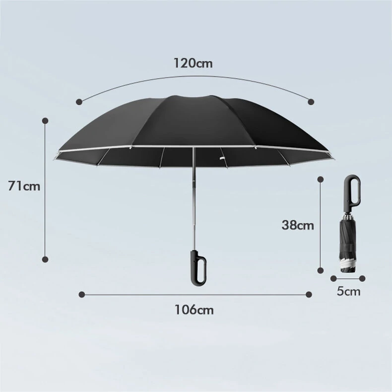 10 Ribs Fully Automatic Handle Umbrella 106cm Detachable Handle Reverse Opening UV Umbrella with Windproof Reflective Stripe Reverse Fold Umbrella Carabiner Travel