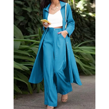ZANZEA Women Plus Size Two Set Solid Button Lapel Long Sleeve Long Blouses and Pant Two Pieces Set