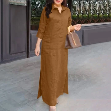 ZANZEA Women's Dresses Turn-Down-Collar 3/4 Sleeve Elegant Office Side Split Plain Maxi Shirt Dress