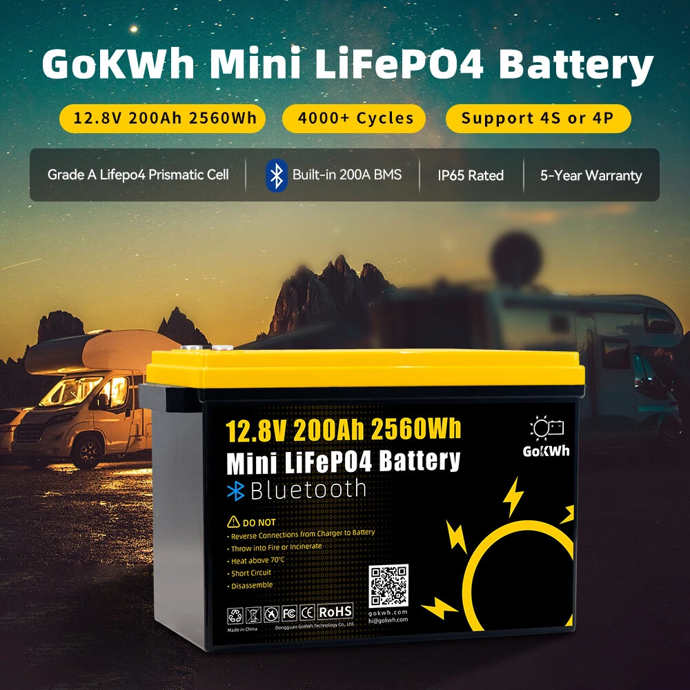 Gokwh 12V 200Ah Mini Bluetooth LiFePO4 Battery Built-in Bluetooth BMS 2560Wh LiFePO4(LFP)  IP65 Protection