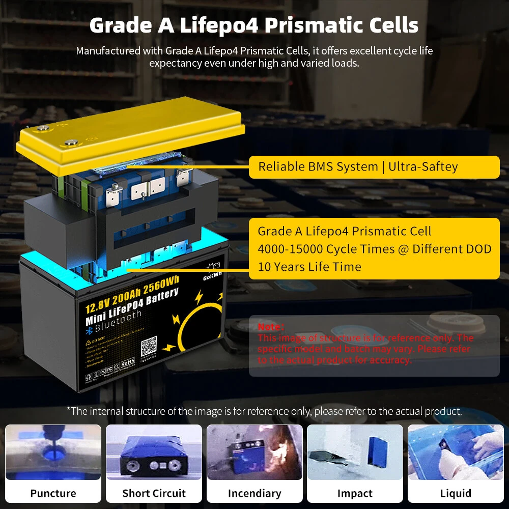 Gokwh 12V 200Ah Mini Bluetooth LiFePO4 Battery Built-in Bluetooth BMS 2560Wh LiFePO4(LFP)  IP65 Protection