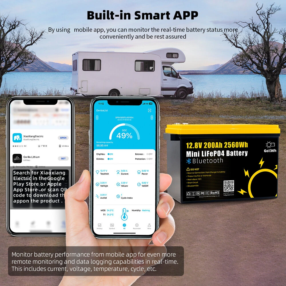Gokwh 12V 200Ah Mini Bluetooth LiFePO4 Battery Built-in Bluetooth BMS 2560Wh LiFePO4(LFP)  IP65 Protection