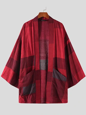 Men Vintage Obscure Check Pocket Loose Cardigan Shirts