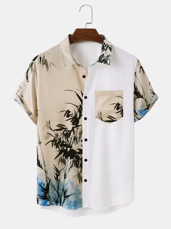 ChArmkpR Mens Ink Bamboo Print Patchwork Button Up Short Sleeve Shirts