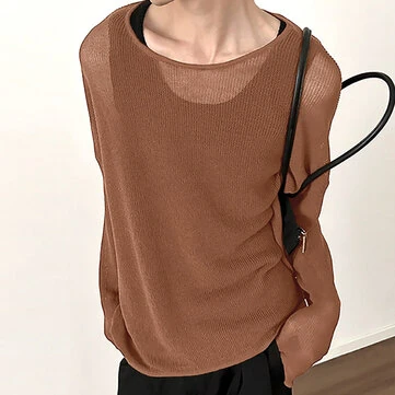 INCERUN Mens Relaxed Fit Hollow Knit Long Sleeve T-Shirt Soft Drape Fabric Slightly See-through Tshirt Top