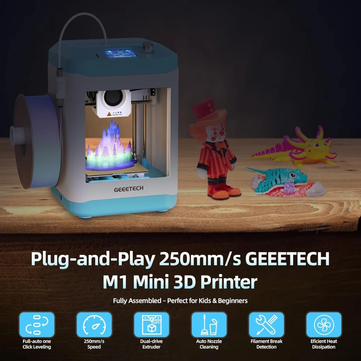[EU Direct]Geeetech M1 Mini 3D Printer for Kids and Beginners 250mm/s High Speed Auto Leveling Child-Safe Design for Home/School