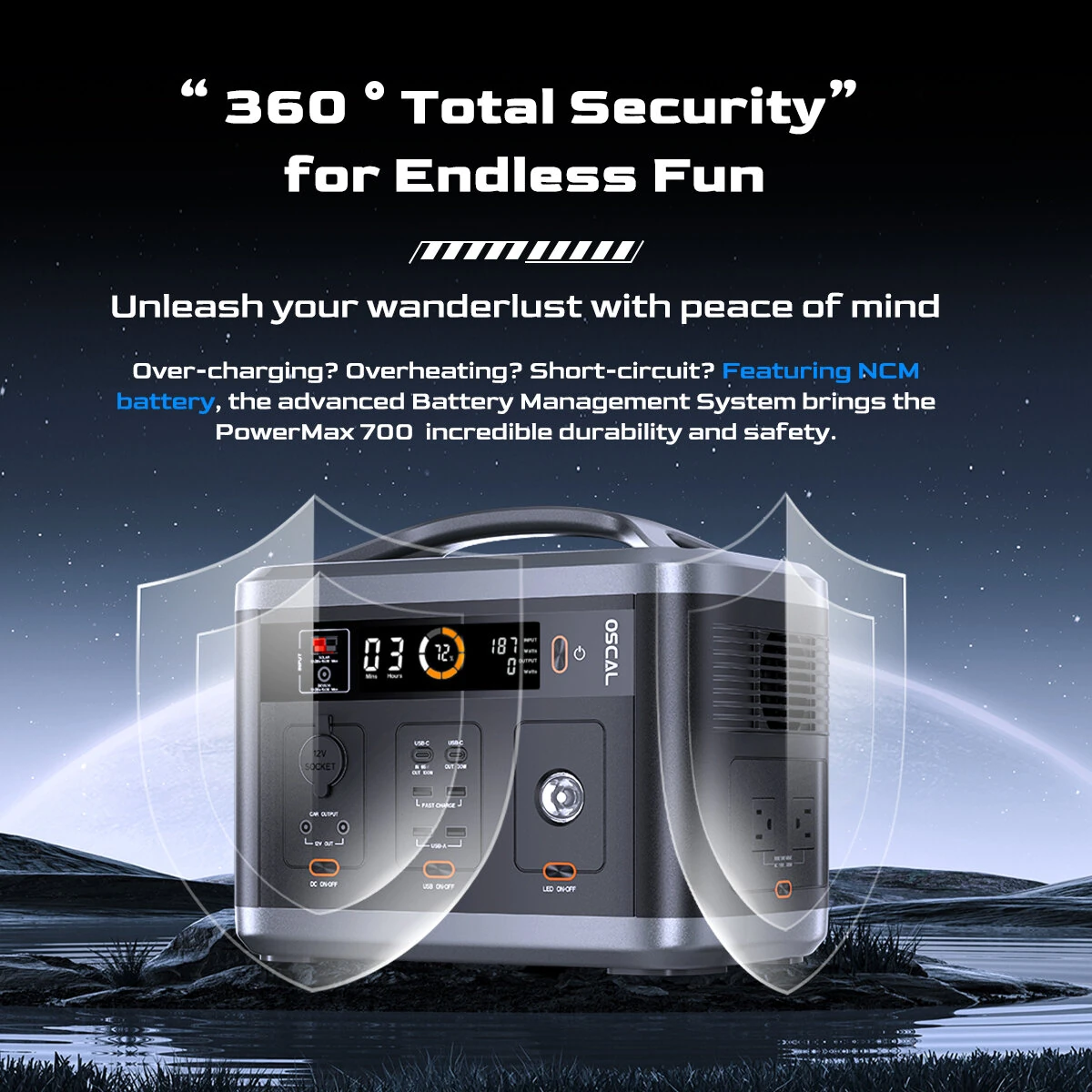 Blackview OSCAL PowerMax 700 666Wh Portable Power Station with 12 Charging Outlets Large LCD Display Built-in BMS LED Flashlight Wireless Charging Emergency Power Backup for Camping House Trolling