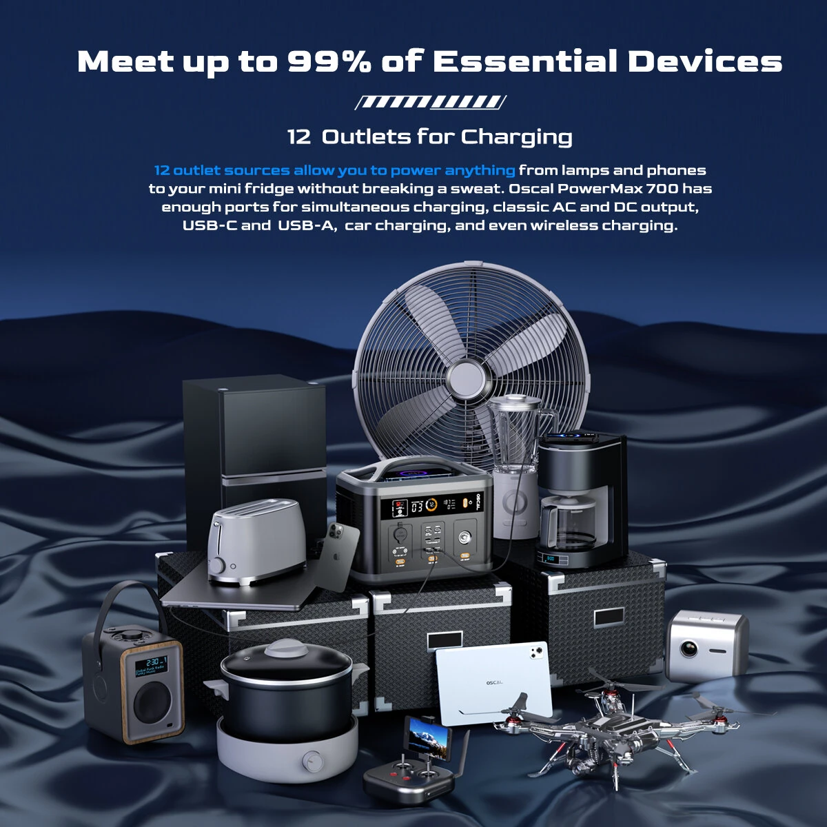 Blackview OSCAL PowerMax 700 666Wh Portable Power Station with 12 Charging Outlets Large LCD Display Built-in BMS LED Flashlight Wireless Charging Emergency Power Backup for Camping House Trolling