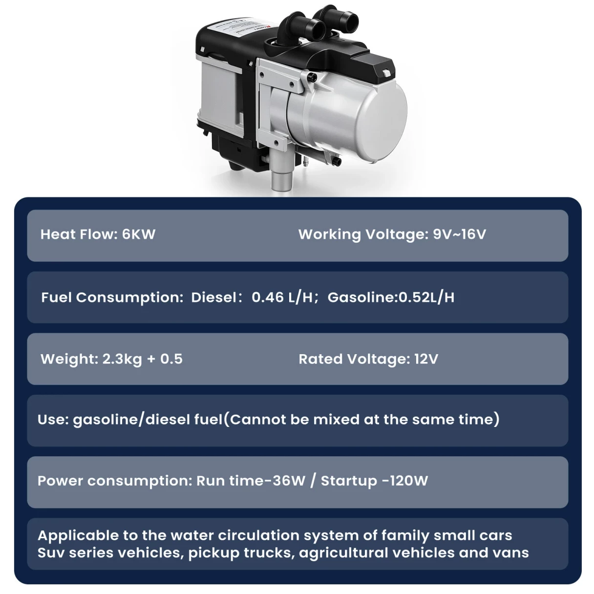 HCALORY WH-A 12V 6KW Water Plumbing Heater Remote Control LCD Monitor Gasoline Diesel Air Car Heater Universal for Truck SUV Bus RV Boats