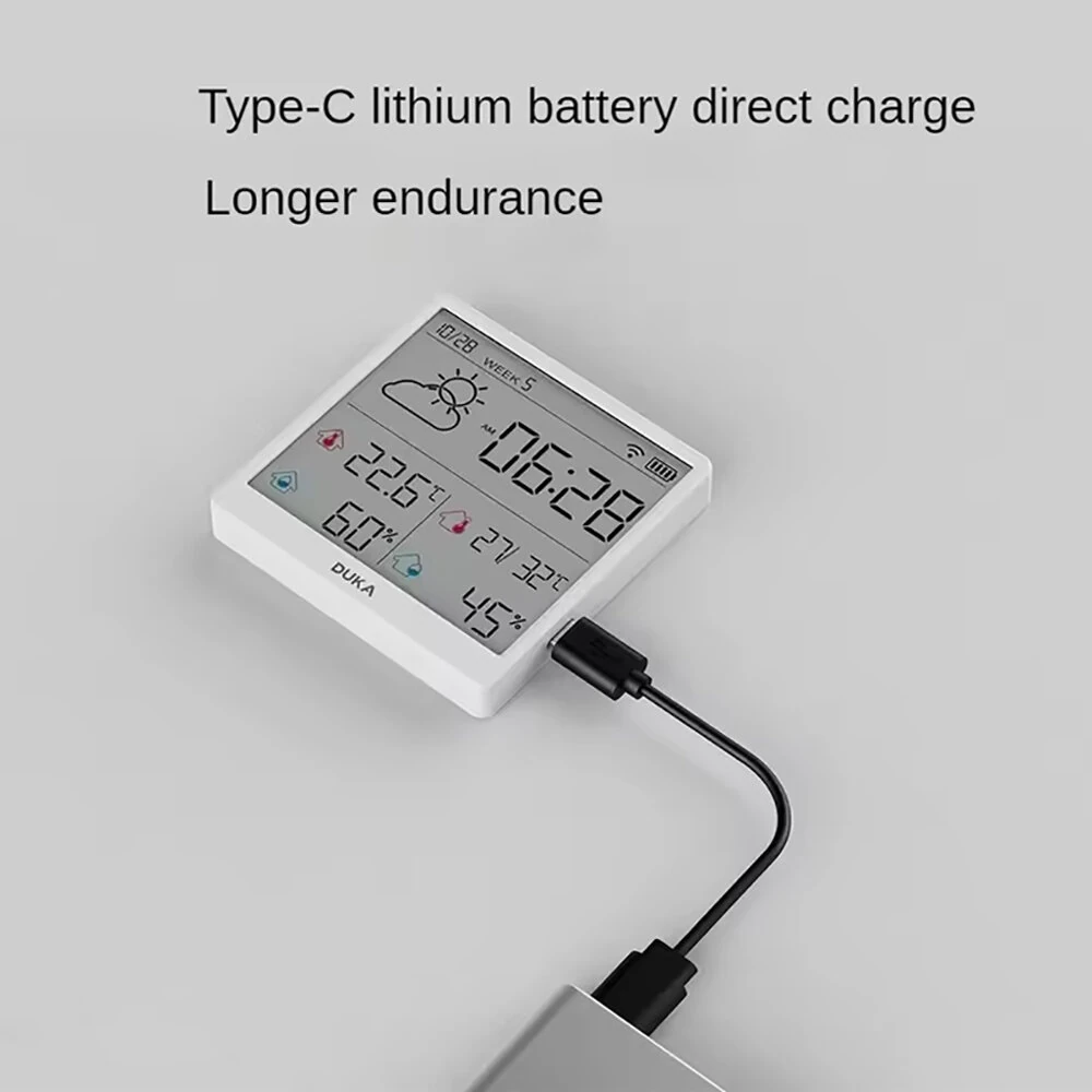 DUKA LCD Wireless Smart Home WIFI Temperature and Humidity Weather Sensor Rechargeable Indoor Clock Hygrometer Mini Digital Thermometer