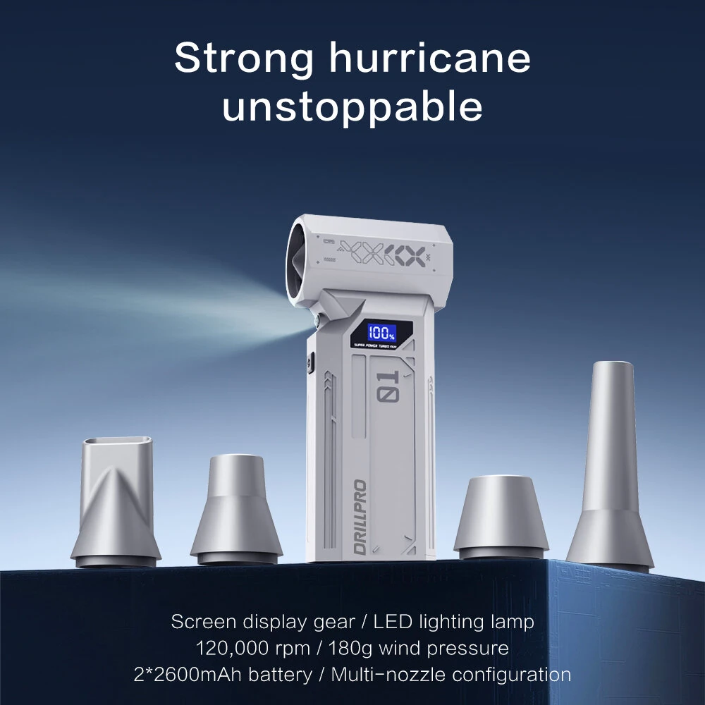 Drillpro Z1 120000RPM High Speed 29mm Brushless Motor Turbo Fan with Various Nozzles Rechargeable 5200mAh Battery Compact Design Multi-Gear Adjustable Powerful Wind Tool