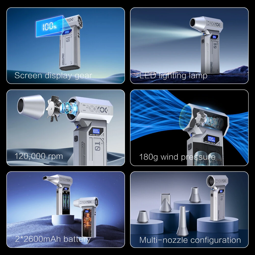 Drillpro Z1 120000RPM High Speed 29mm Brushless Motor Turbo Fan with Various Nozzles Rechargeable 5200mAh Battery Compact Design Multi-Gear Adjustable Powerful Wind Tool