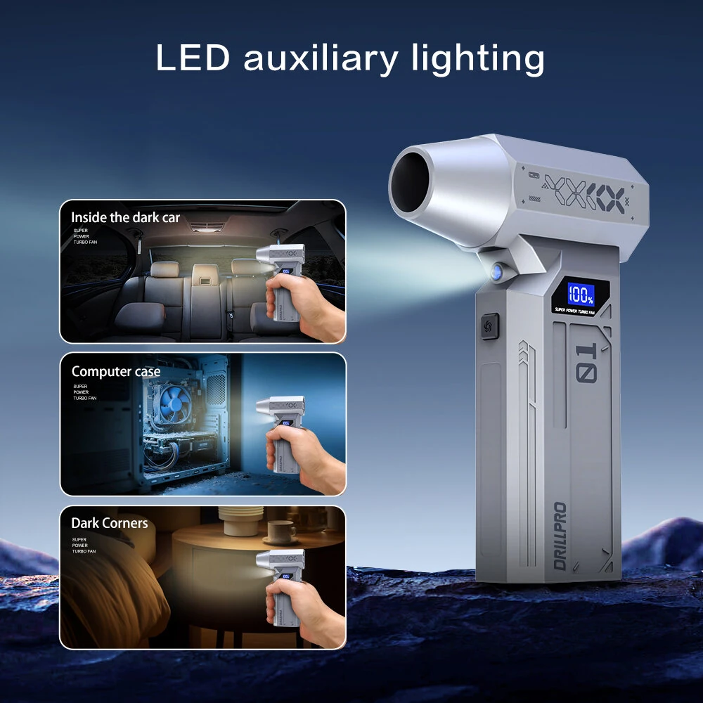 Drillpro Z1 120000RPM High Speed 29mm Brushless Motor Turbo Fan with Various Nozzles Rechargeable 5200mAh Battery Compact Design Multi-Gear Adjustable Powerful Wind Tool