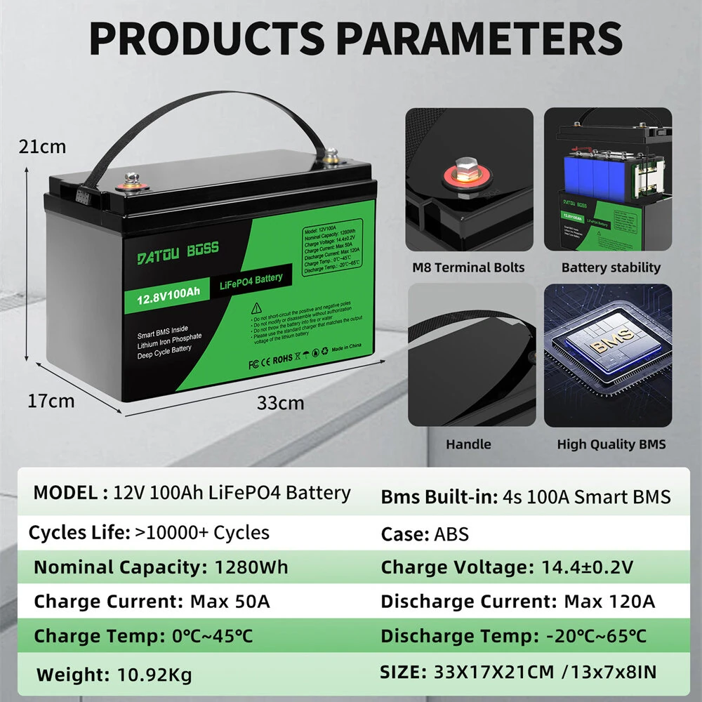 [EU Direct] DATOUBOSS Lifepo4 Battery 12V 100Ah/200Ah/300Ah Built-in Intelligent BMS, >10000 Deep Cycles, Support Series/Parallel , for Marine/RV/Golf Cart/Home Car Battery/Hybrid Solar Inverter