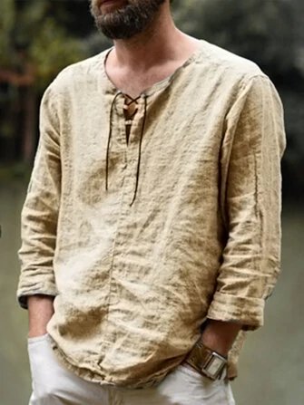 Mens Solid Lace-Up Neck 100%Cotton Long Sleeve T-Shirt