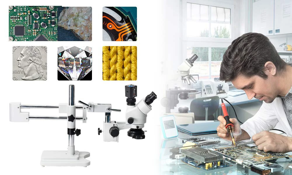 MUSTOOL 3.5X 90X  Simul-Focal Double Boom Stand Trinocular Stereo Zoom Stereo Microscope 24MP 4K HDMI Camera 56 LED Light Microscopie