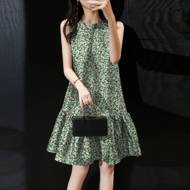 ZANZEA Women Floral Print Party Dress with Mermaid Hem and Ruffle Hem, Fashion Sleeveless Loose Fit Midi Dress Plus Size