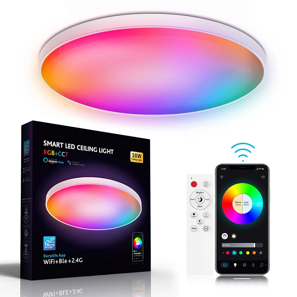 Elfeland 30W Smart RGB Ceiling Light with WiFi Bluetooth Remote Control Dimmable APP & Voice Control Compatible With Alexa Google Assistant