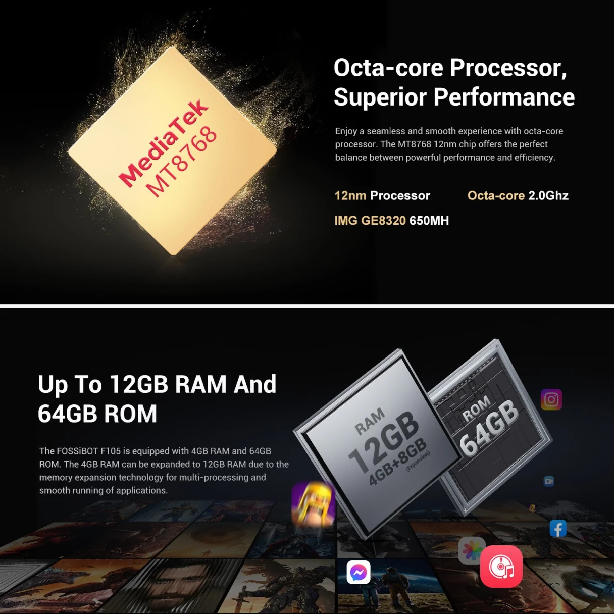 [EU Direct]FOSSiBOT F105 12GB RAM 64GB ROM 10300mAh 20MP Camera 6.745 inch Android 14 IP68 IP69K Waterproof MT8768 Octa Core 4G Rugged Smartphone