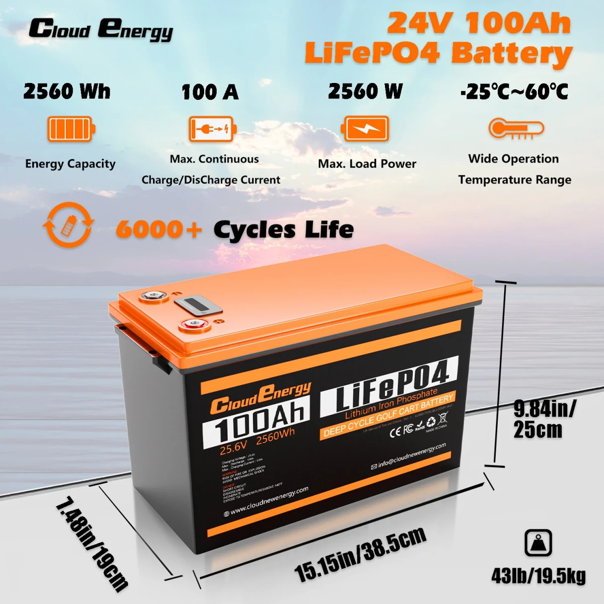 [EU Direct] Cloudenergy 24V 100Ah LiFePO4 Battery Pack 2560Wh Energy 6000+ Deep Cycles Backup Power Built-in 100A BMS Support in Series/Parallel, Perfect for Replacing Most of Backup Power, RV, Boats, Solar, Trolling motor, Off-Grid