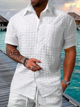 Mens Solid Patch Pocket Lapel Collar Short Sleeve Shirts