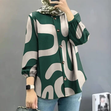 ZANZEA Ethnic Style Women Blouse Lantern Sleeve Geometric Pattern Shirt Fashion O-Neck Button Up Top