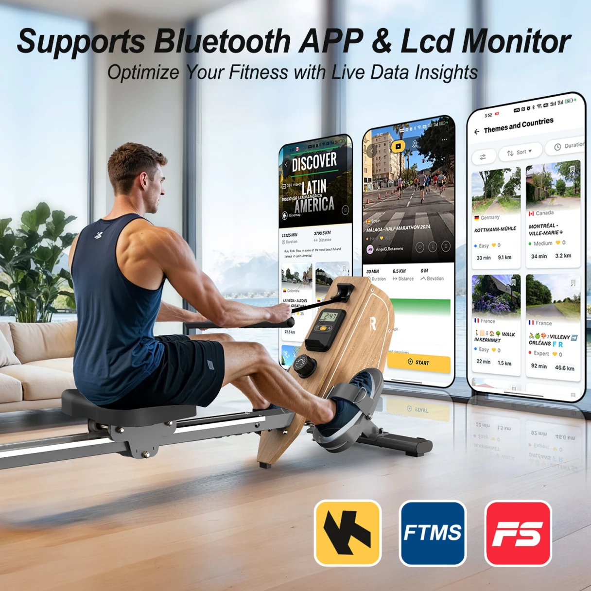 [EU Direct] Bominfit OR3WG Magnetic Rowing Machine - FSC Eco-friendly Wood Certified, 2 Ultra-quiet Flywheels, 16 Levels, 160KG Capacity & APP Connectivity, Foldable Space-Saving for Home