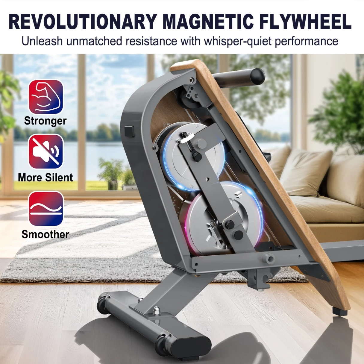 [EU Direct] Bominfit OR3WG Magnetic Rowing Machine - FSC Eco-friendly Wood Certified, 2 Ultra-quiet Flywheels, 16 Levels, 160KG Capacity & APP Connectivity, Foldable Space-Saving for Home
