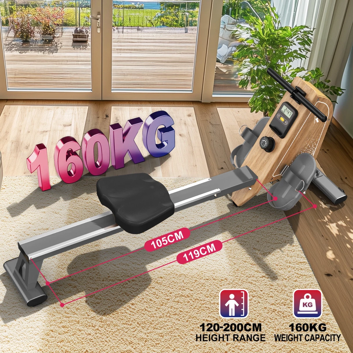 [EU Direct] Bominfit OR3WG Magnetic Rowing Machine - FSC Eco-friendly Wood Certified, 2 Ultra-quiet Flywheels, 16 Levels, 160KG Capacity & APP Connectivity, Foldable Space-Saving for Home
