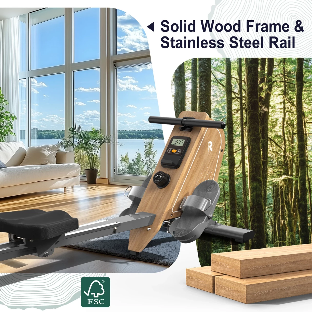 [EU Direct] Bominfit OR3WG Magnetic Rowing Machine - FSC Eco-friendly Wood Certified, 2 Ultra-quiet Flywheels, 16 Levels, 160KG Capacity & APP Connectivity, Foldable Space-Saving for Home