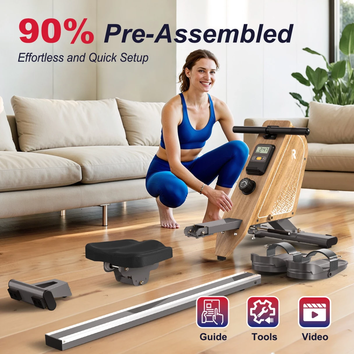 [EU Direct] Bominfit OR3WG Magnetic Rowing Machine - FSC Eco-friendly Wood Certified, 2 Ultra-quiet Flywheels, 16 Levels, 160KG Capacity & APP Connectivity, Foldable Space-Saving for Home