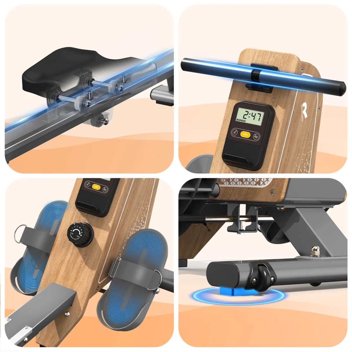 [EU Direct] Bominfit OR3WG Magnetic Rowing Machine - FSC Eco-friendly Wood Certified, 2 Ultra-quiet Flywheels, 16 Levels, 160KG Capacity & APP Connectivity, Foldable Space-Saving for Home
