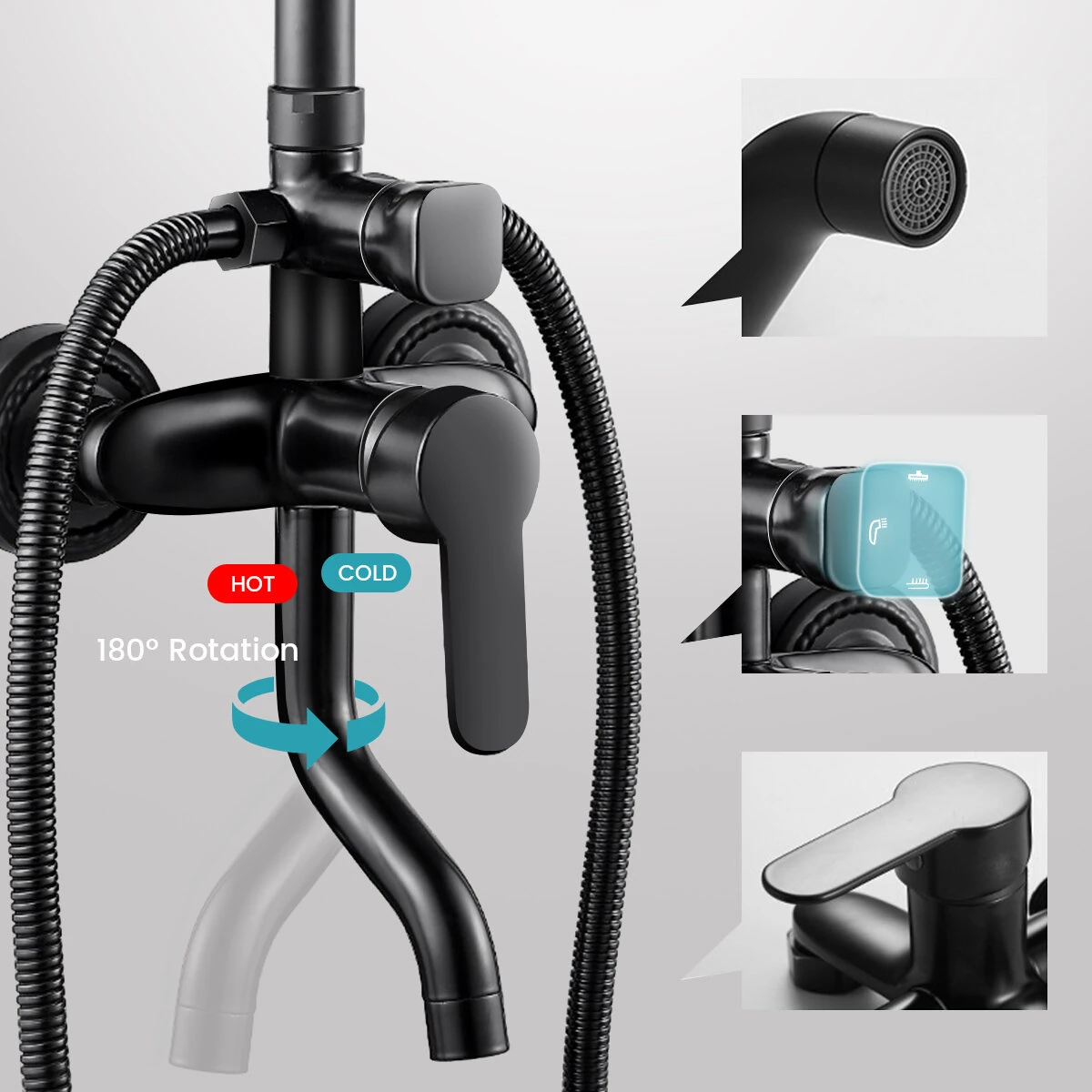 BVSOIVIA 3 IN 1 Bathroom Shower Faucet Rainfall Shower Set Matte Black Wall Mount Bathtub Shower Mixer Tap Shower System with Shelf