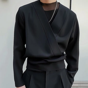 INCERUN Men V-neck Long Sleeve Shirts Comfortable Solid Color Daily Casual Tops for Men Large Size S-5XL