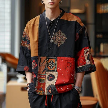 INCERUN Ethnic Style Mens Shirt, Mid-length Sleeve Stand Collar Loose Casual Shirt For Men Daily Vacation Streetwear