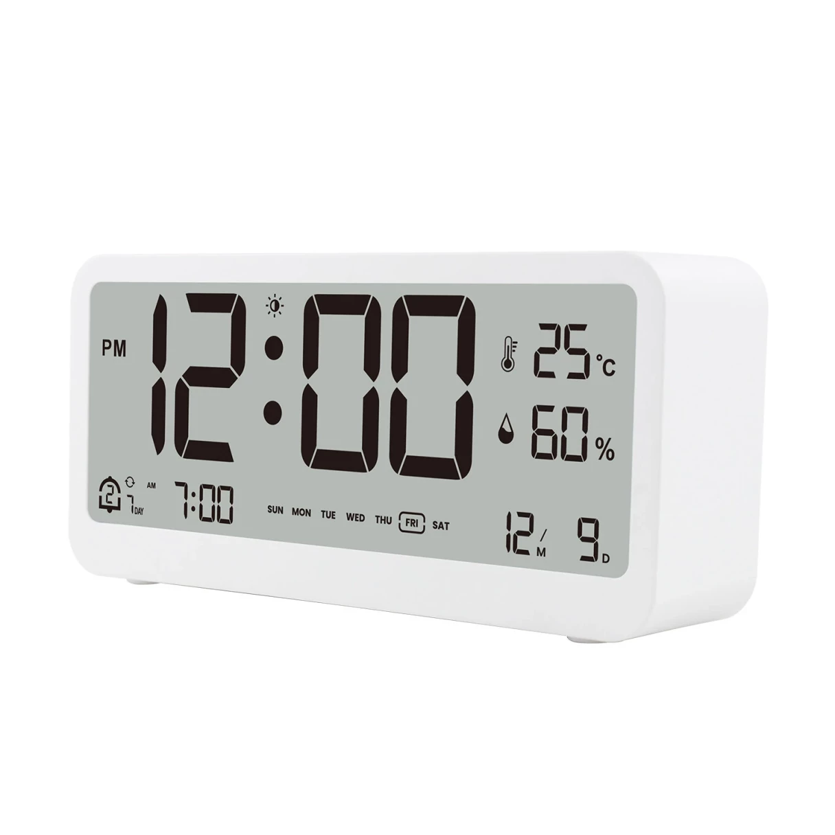 LCD Smart Digital Alarm Clock with Large Display Thermometer Hygrometer Anti-Slip Bottom with Night Light Battery Operated Safe Rounded Corners Design for Home Office Bedroom