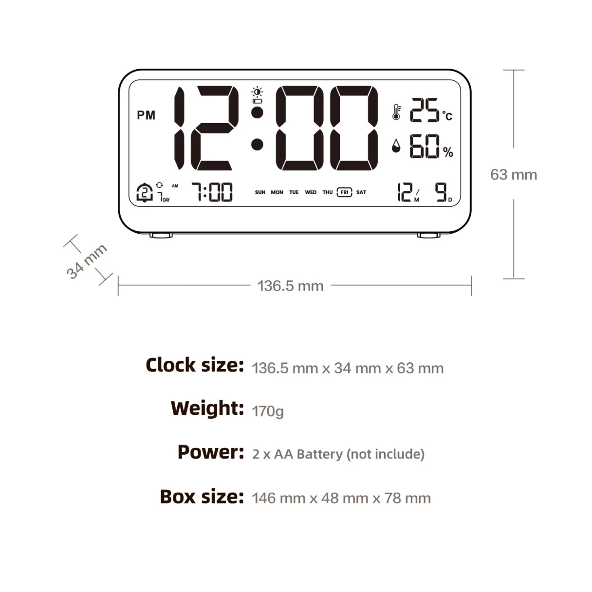 LCD Smart Digital Alarm Clock with Large Display Thermometer Hygrometer Anti-Slip Bottom with Night Light Battery Operated Safe Rounded Corners Design for Home Office Bedroom