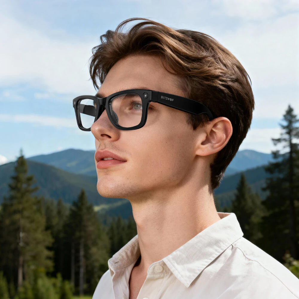 BlitzWolf BW-AG1 Pro AI Smart Glasses with HD Camera 8MP 32MP Interpolated WiFi bluetooth Call 3D Stereo Surround Sound Dual Noise Cancelling 35g IP65 Waterproof Smart Audio Glasses