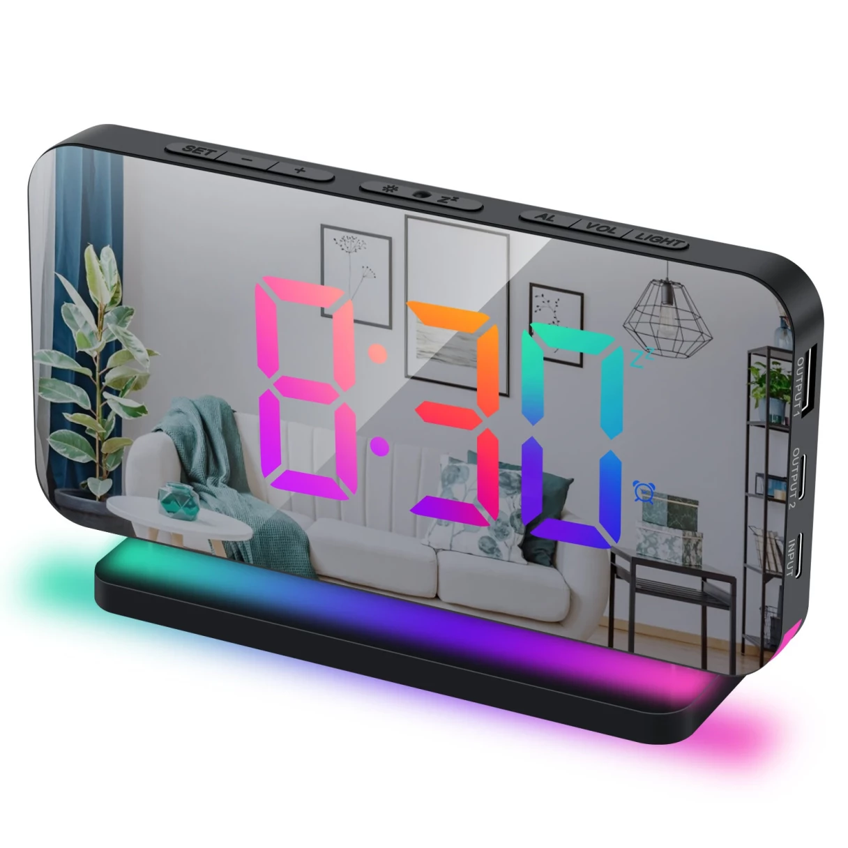 Large Screen Electronic LED Mirror Clock Colorful RGB Display Colorful Night Light Radio Projection Clock Led Electronic Clock Desktop Alarm Clock