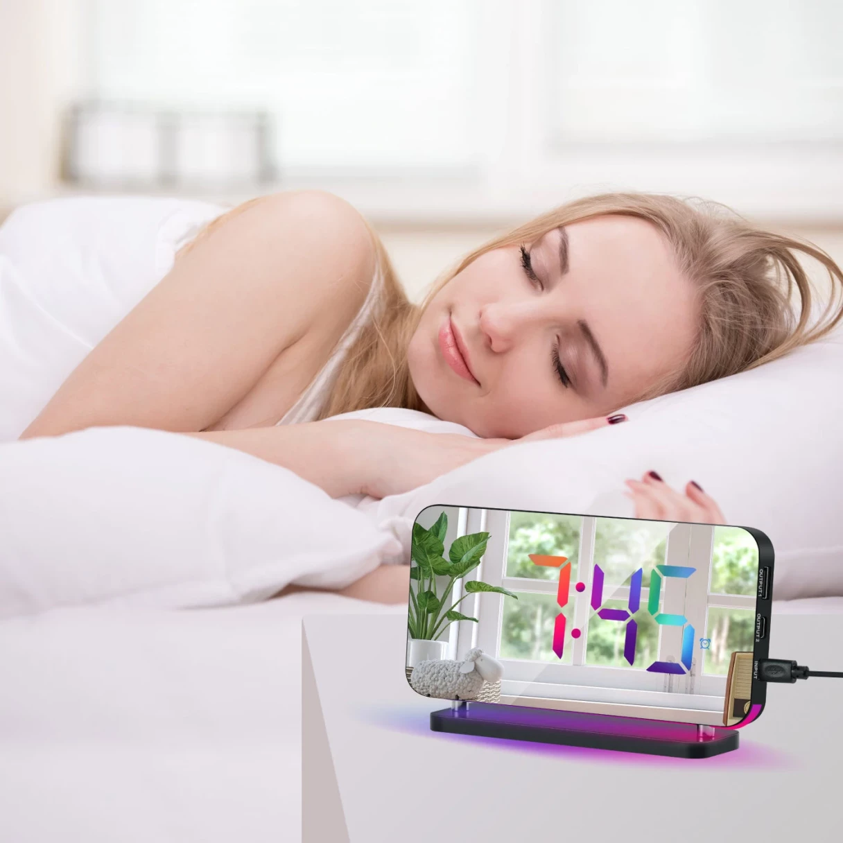 Large Screen Electronic LED Mirror Clock Colorful RGB Display Colorful Night Light Radio Projection Clock Led Electronic Clock Desktop Alarm Clock